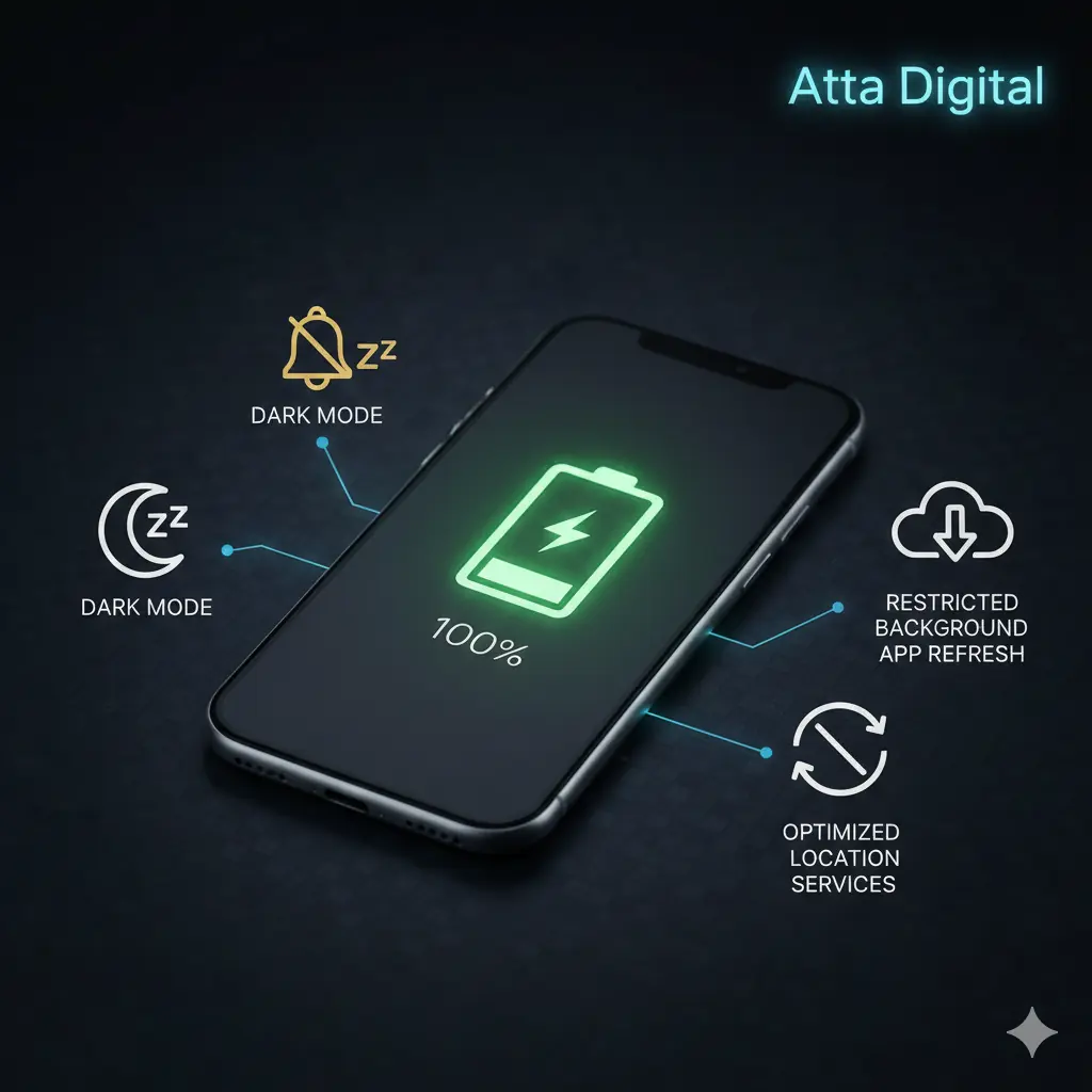 Infographic showing 5 essential tips to save mobile battery life by Atta Digital